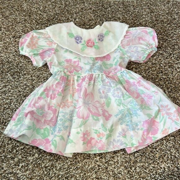 Vintage 80s Floral Easter Spring Collared Formal Baby Girl Dress - Picture 8 of 14